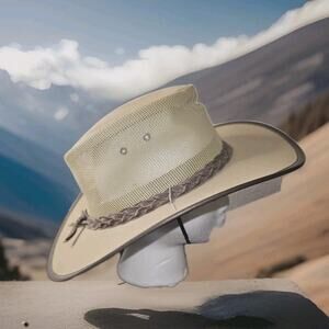 B.C. Hats Canvas Mesh Leather trim Hat Made In Australia Tan Bush Outback Sz Med